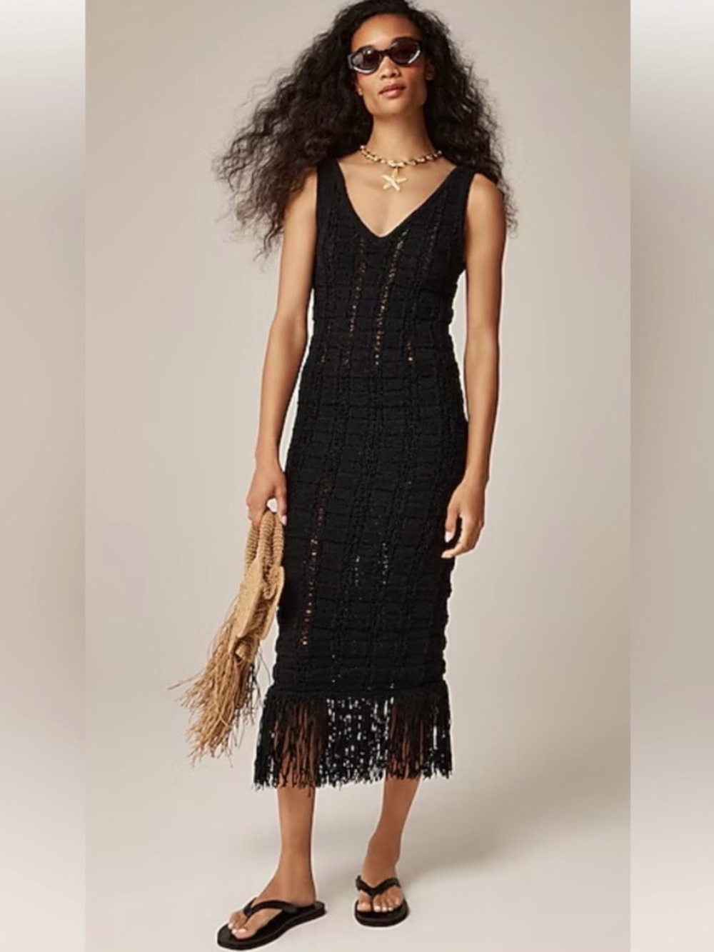 J. Crew Black Sleeveless Crochet Midi Dress with Fringe Hem